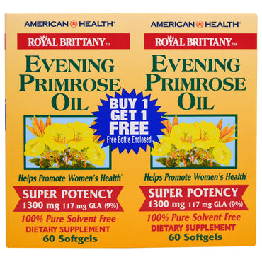 American Health, Royal Brittany, Evening Primrose Oil, 1300 mg, 2 flasker, 60 softgels hver