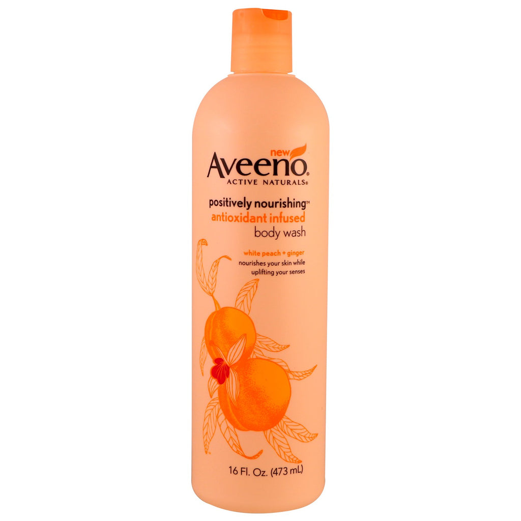 Aveeno, תרחיץ גוף מזין באופן חיובי עם נוגדי חמצון, אפרסק לבן + ג'ינג'ר, 473 מ"ל.