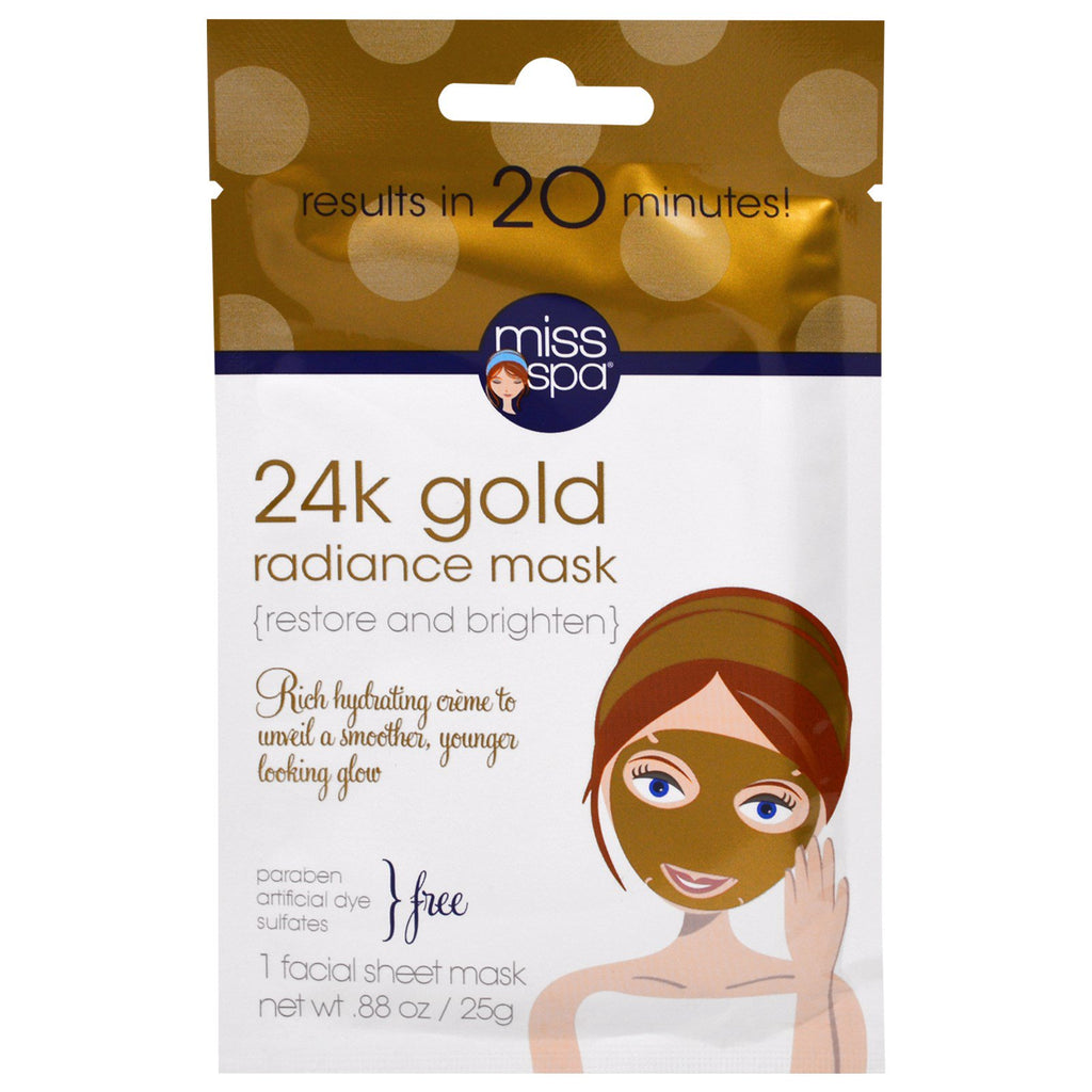Miss spa, máscara radiante em ouro 24k, 1 máscara facial