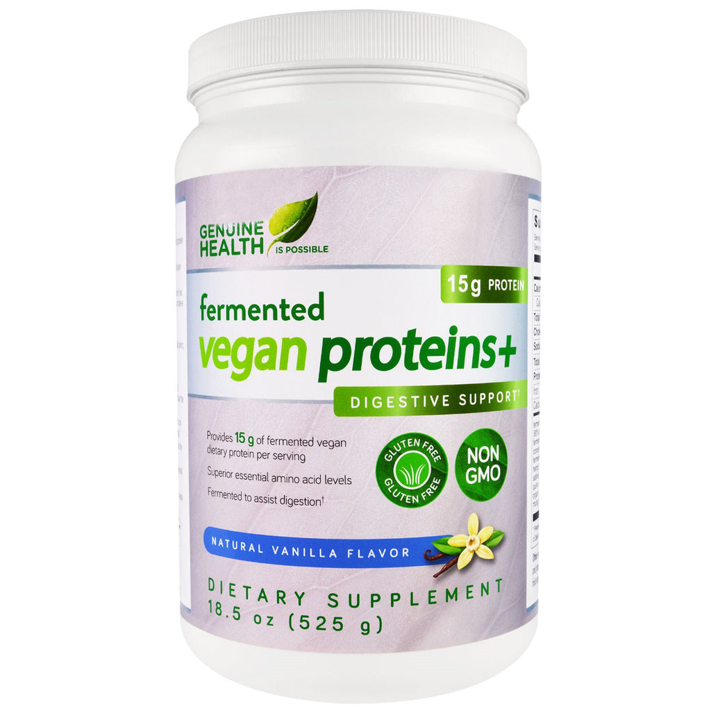 Genuine Health Corporation, fermenteret vegansk protein +, fordøjelsesstøtte, naturlig vaniljesmag, 18,5 oz (525 g)