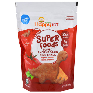 Nurture Inc. (Happy Baby) s Happy Tot Super Foods Bocadillo de dinosaurio de grano antiguo inflado Tomate Albahaca y queso cheddar 1,48 oz (42 g)