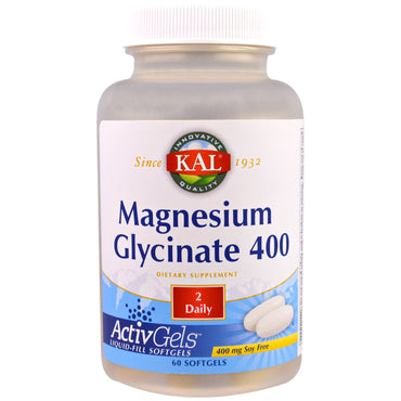 KAL, Glycinate de magnésium 400, sans soja, 400 mg, 60 gélules