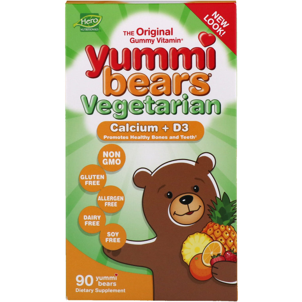 Hero Nutritional Products, Yummi Bears vegetariano, calcio + D3, 90 ositos de goma