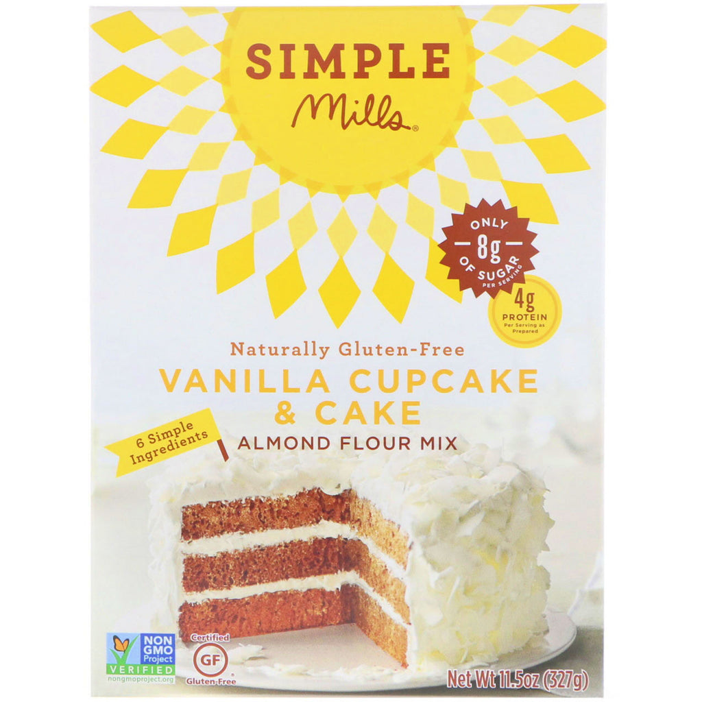 Simple Mills, naturligt glutenfri, mandelmelblanding, vaniljecupcake og kage, 11,5 oz (327 g)