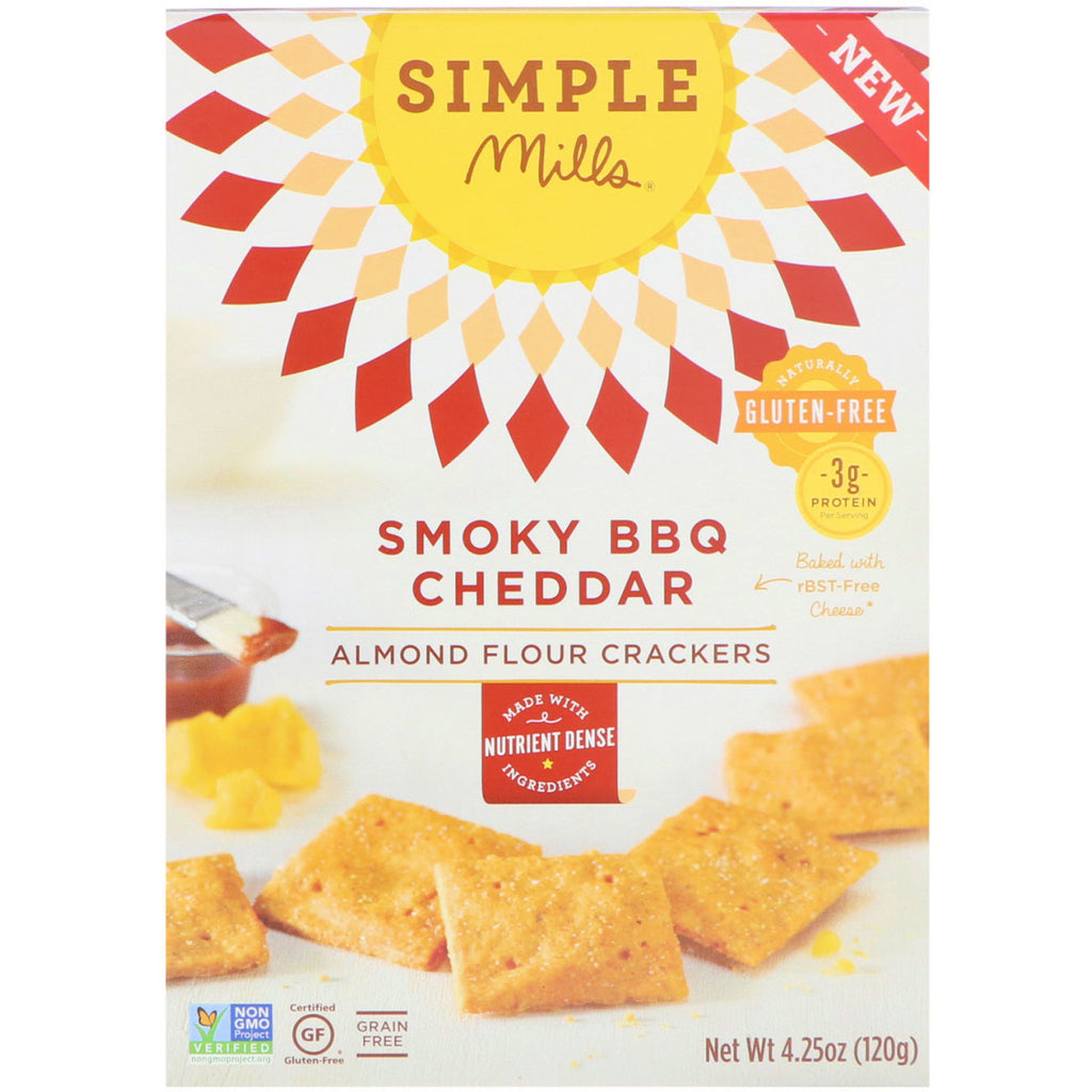 Simple Mills, naturligt glutenfri, mandelmel-crackers, Smoky BBQ Cheddar, 4,25 oz (120 g)