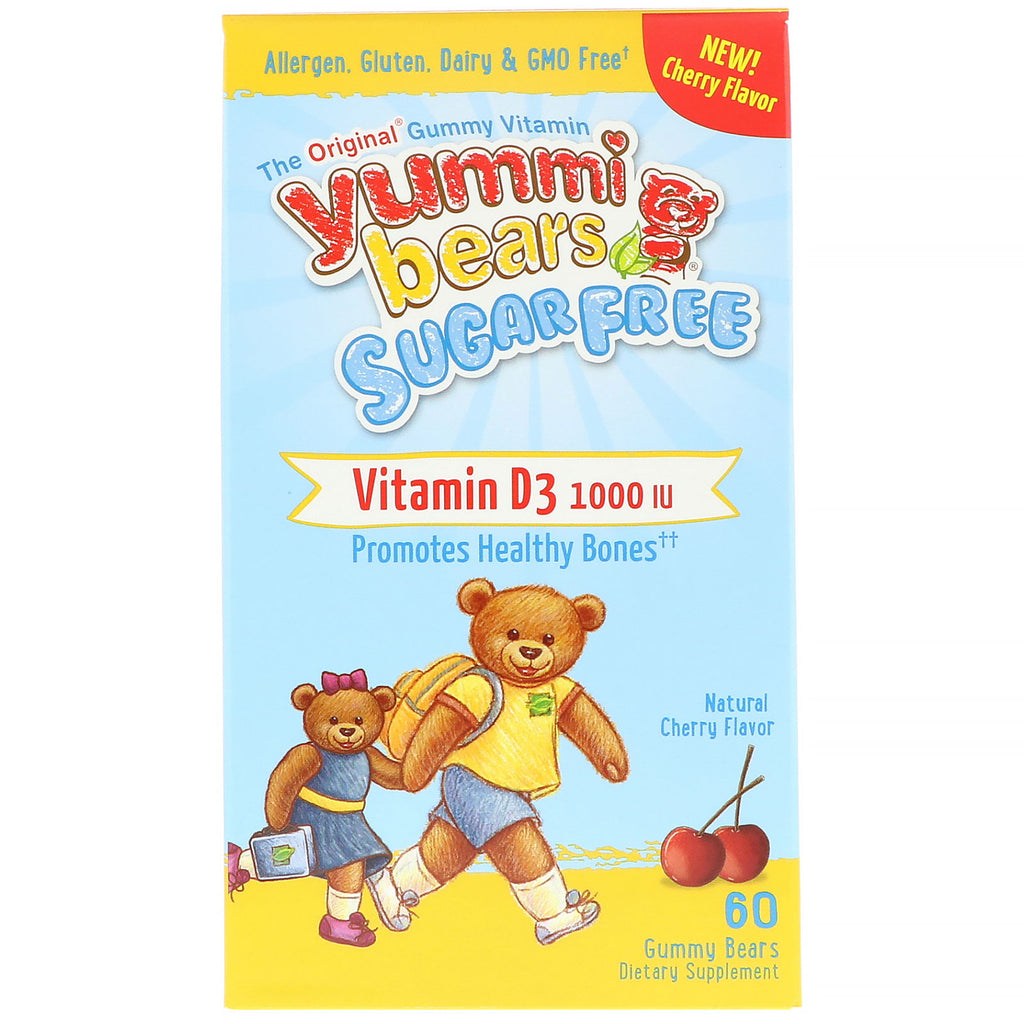 Hero näringsprodukter, yummibjörnar, vitamin d3, sockerfri, naturlig körsbärssmak, 1000 iu, 60 gummibjörnar