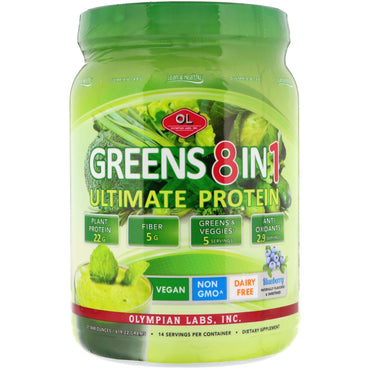 Olympian Labs Inc., Greens 8 in 1, Ultimate Protein, saveur myrtille, 21,848 oz (619,22 g)