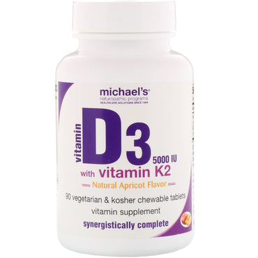 Michael's Naturopathic, Vitamina D3, com Vitamina K2, Sabor Natural de Damasco, 5.000 UI, 90 Comprimidos Mastigáveis