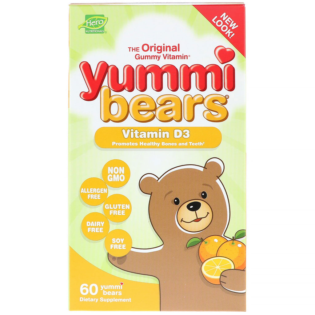 Hero näringsprodukter, yummi björnar, vitamin d3, helt naturlig fruktsmak, 600 iu, 60 yummi björnar