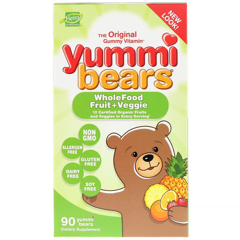 Hero ernæringsprodukter, yummi-bjørne, fuldkostfrugt + grønt, 90 yummi-bjørne