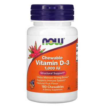 Nu voedingsmiddelen, kauwbare vitamine D-3, natuurlijke fruitsmaak, 1.000 IE, 180 kauwtabletten