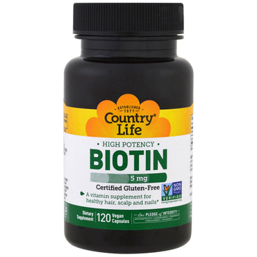 Country Life, Biotina, Alta Potência, 5 mg, 120 Cápsulas Veganas