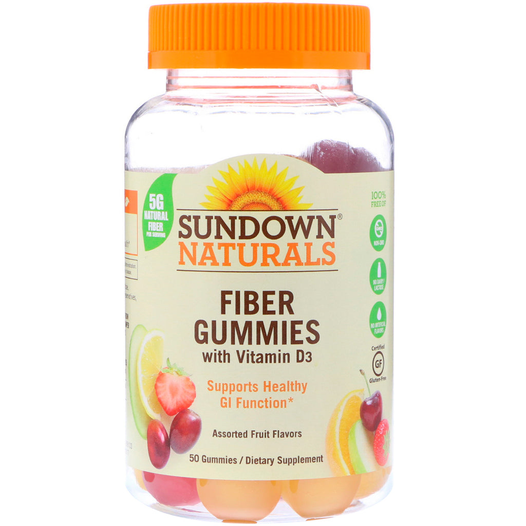 Sundown Naturals, Fiber Gummies med Vitamin D3, Diverse fruktsmaker, 50 Gummies