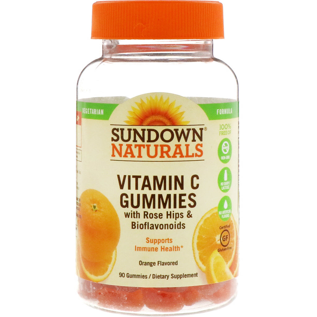 Sundown Naturals, ローズヒップとバイオフラボノイド入りビタミン C グミ、オレンジ風味、90 グミ
