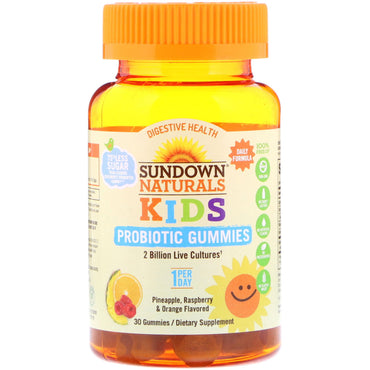 Sundown naturals, gomas probióticas infantis, sabor abacaxi, framboesa e laranja, 30 gomas