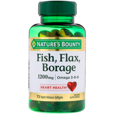 Nature's Bounty, pescado, lino, borraja, 1200 mg, 72 cápsulas blandas de liberación rápida