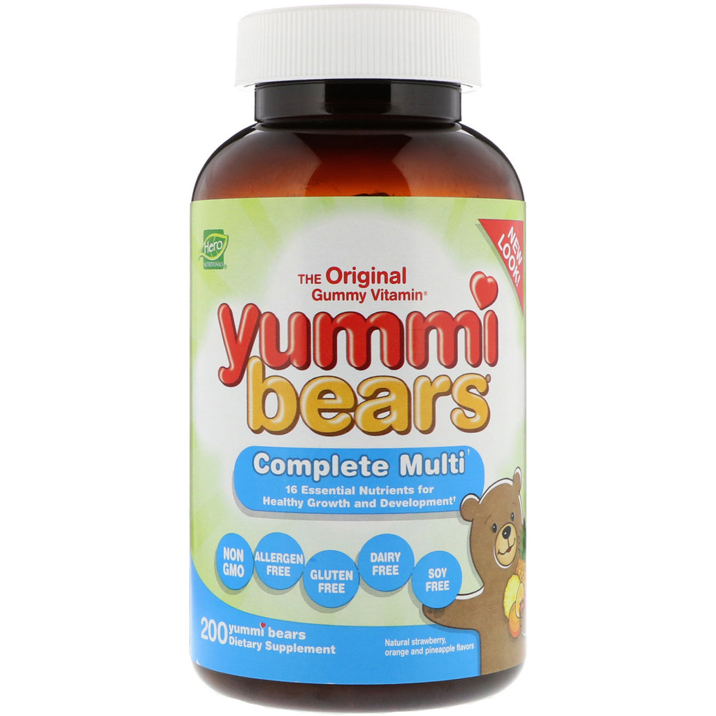 Hero Nutritional Products, Yummi Bears, 컴플리트 멀티, 천연 딸기, 오렌지 및 파인애플 맛, Yummi Bears 200개