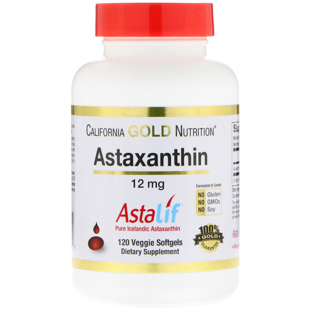 California Gold Nutrition, astaxantina, carotenoide antioxidante extra fuerte, 12 mg, 120 cápsulas blandas vegetales