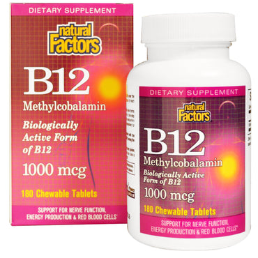 Natural Factors, B12, Metilcobalamina, 1000 mcg, 180 Comprimidos Mastigáveis