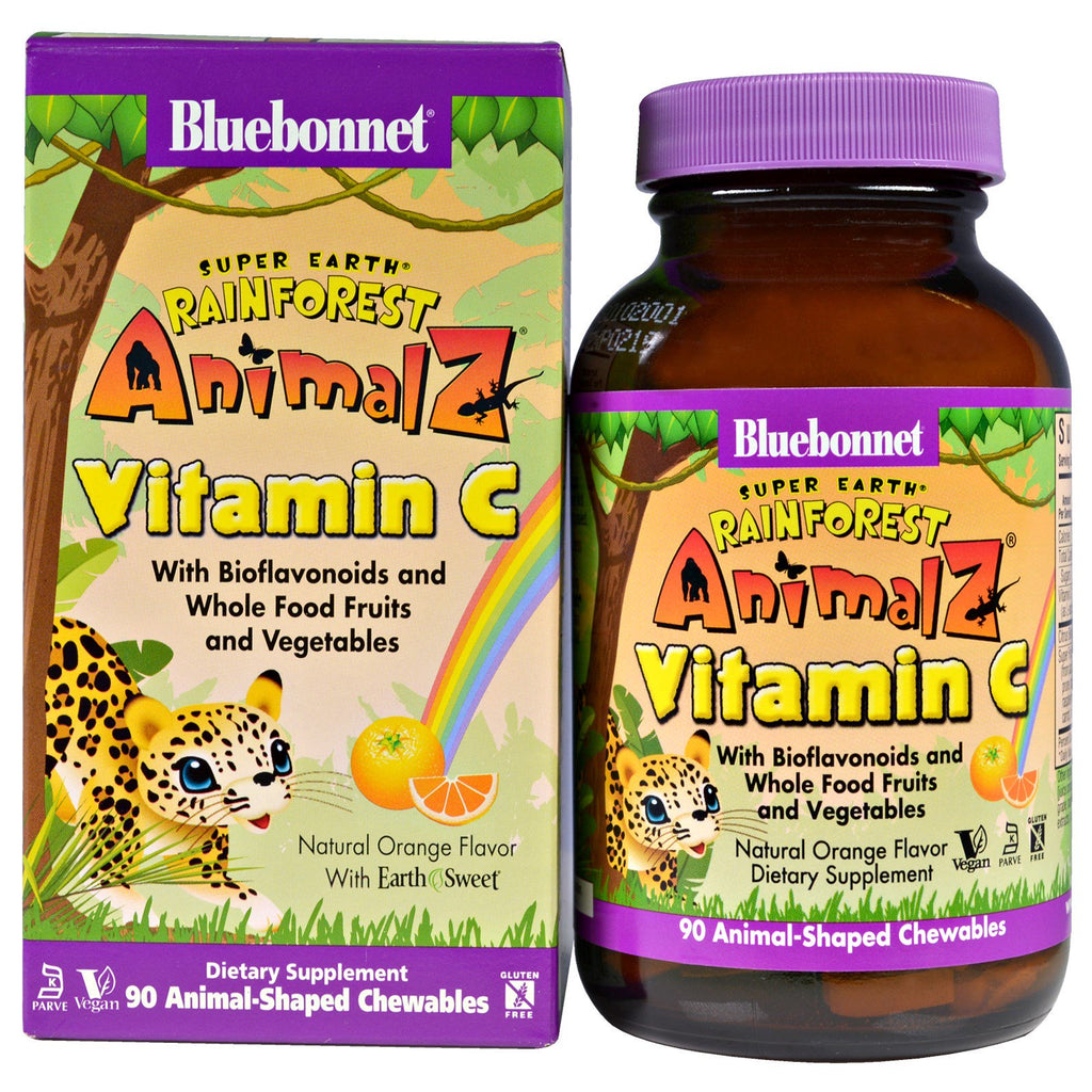 Bluebonnet Nutrition, Super Earth, Rainforest Animalz, vitamina C, sabor natural a naranja, 90 comprimidos masticables