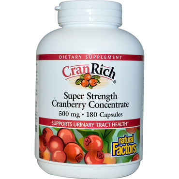 Naturliga faktorer, CranRich, Super Strength, Tranbärskoncentrat, 500 mg, 180 kapslar
