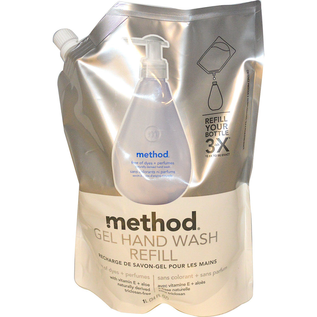 Metod, Gel Hand Wash Refill, fri från färgämnen + parfymer, 34 fl oz (1 l)