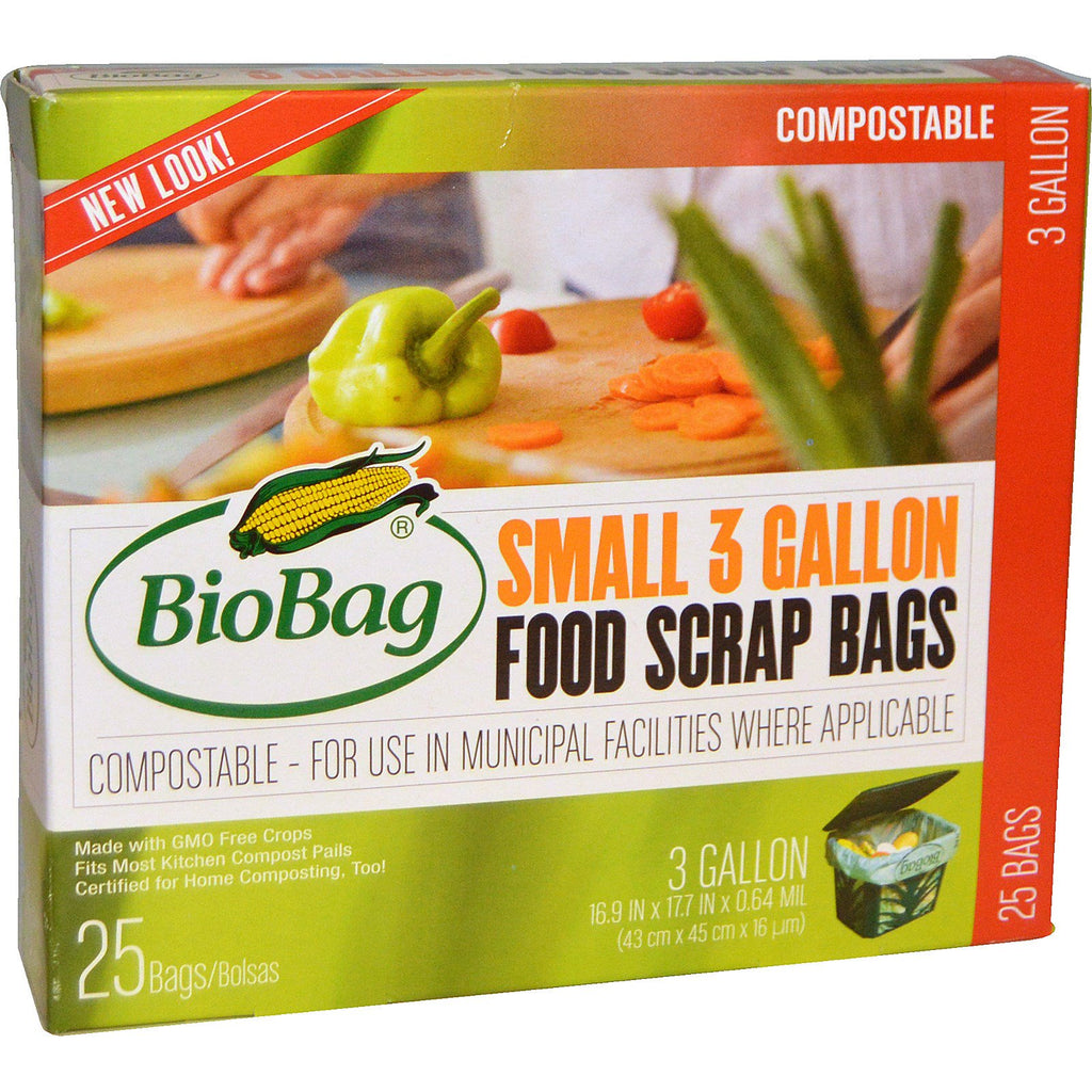 बायोबैग, खाद्य स्क्रैप बैग, छोटा, 25 बैग, 3 गैलन, 16.9 इंच x 17.7 इंच x 0.64 मिलियन (43 सेमी x 45 सेमी x 16 उम)