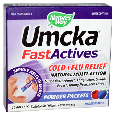 Nature's Way, Umcka, Fast Actives, Cold + Flu Relief, Non-Dowsy, Bærsmak, 10 pulverpakker