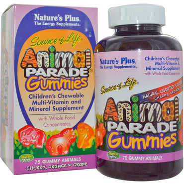 Nature's Plus, Bron van leven, Animal Parade Gummies, Kauwtabletten voor kinderen, Kers, Sinaasappel & Druif, 75 Gummy Dieren