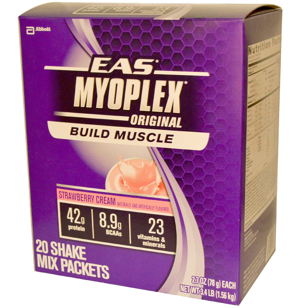EAS, MyoPlex, Original, mezcla para batidos, crema de fresa, 20 paquetes, 2,7 oz (78 g) cada uno