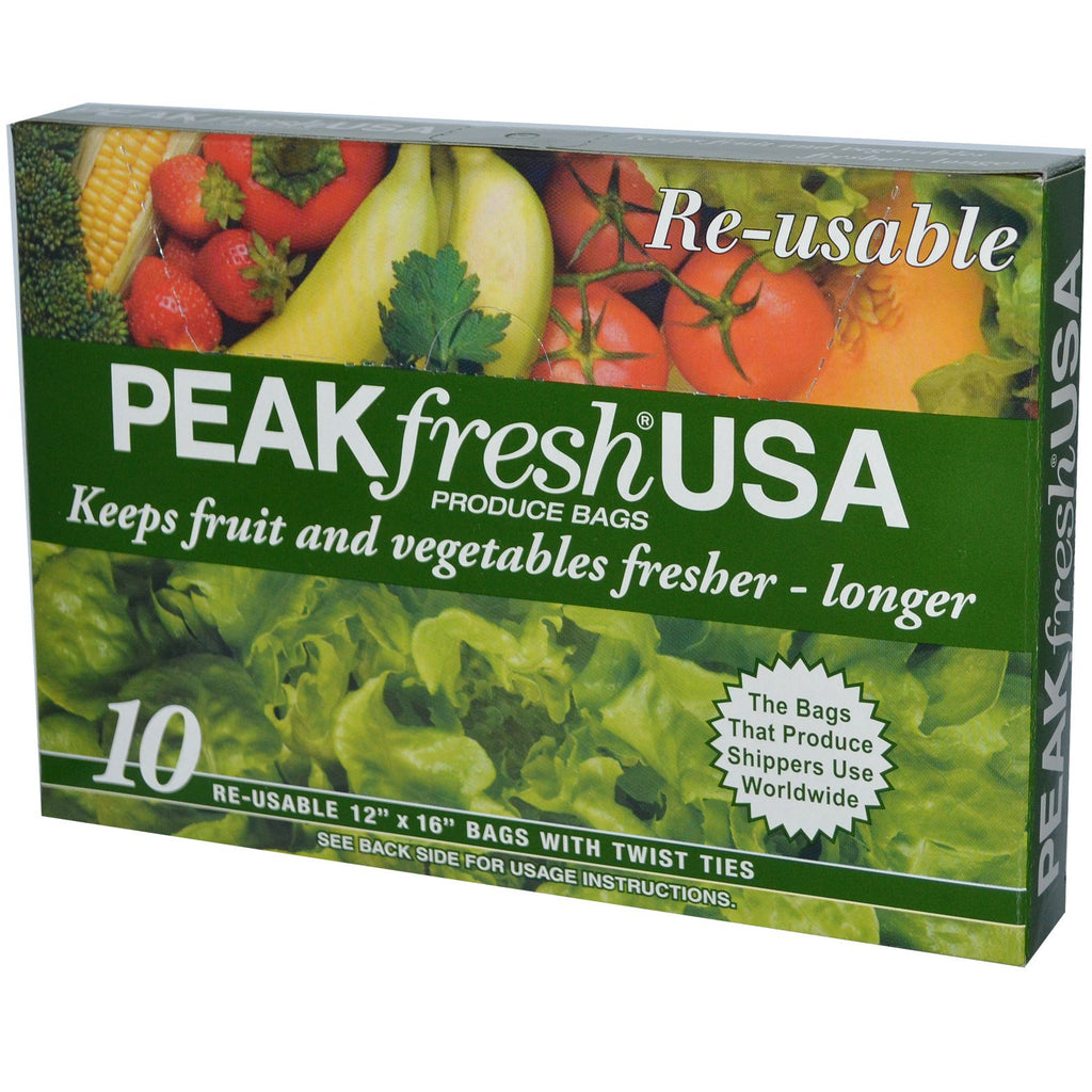 PEAKfresh USA, saci pentru produse, reutilizabile, saci de 10 - 12" x 16", cu legături răsucite