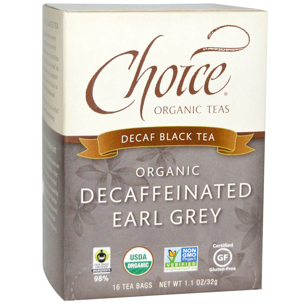 Choice Teas, Té negro descafeinado, Earl Grey descafeinado, 16 bolsitas de té, 32 g (1,1 oz)