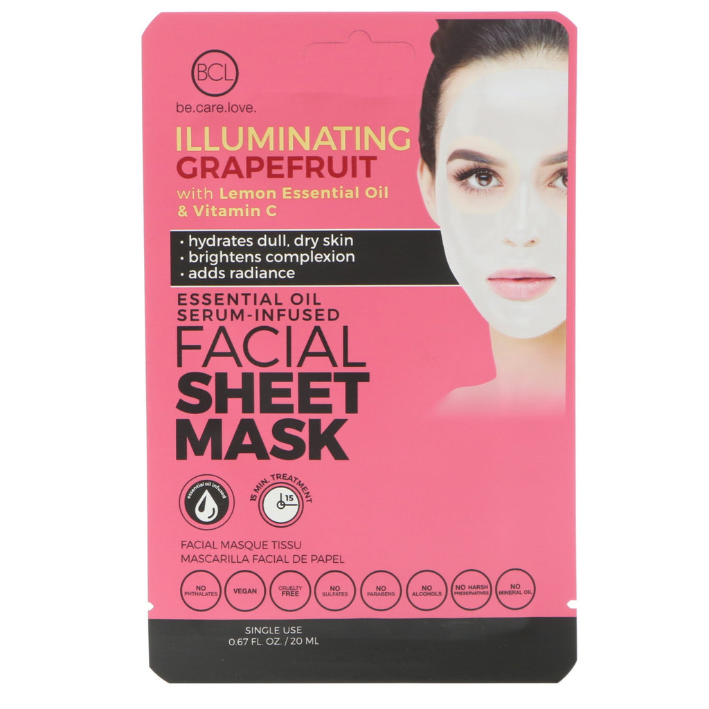 Blc, be care love, gezichtsmasker met essentiële oliën en serum, verhelderende grapefruit, 1 masker