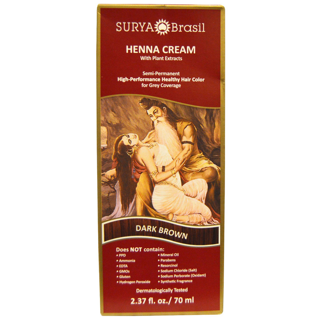 Surya Henna, Henna Cream, høyytelses sunn hårfarge for grå dekning, mørkebrun, 2,37 fl oz (70 ml)