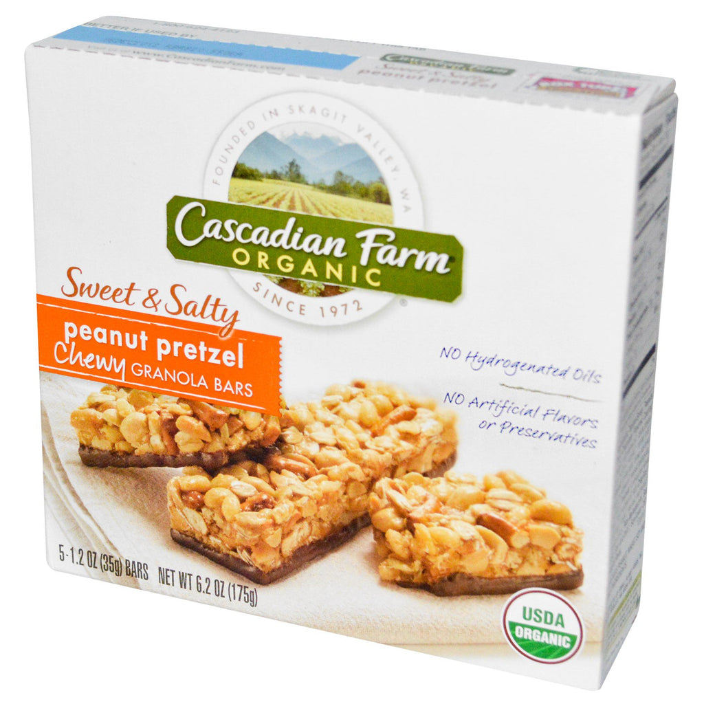 Cascadian Farm, 쫄깃한 그래놀라 바, 달콤하고 짠 맛, 땅콩 프레첼, 바 5개, 각 1.2oz(35g)