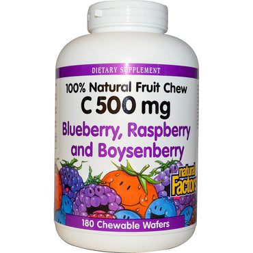 Natural Factors, C 500 mg, afine, zmeură și Boysenberry, 180 de napolitane masticabile