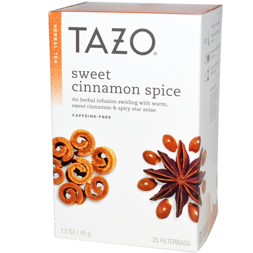 Tazo-teer, sødt kanelkrydderi, koffeinfri, urtete, 20 filterposer, 1,5 oz (45 g)