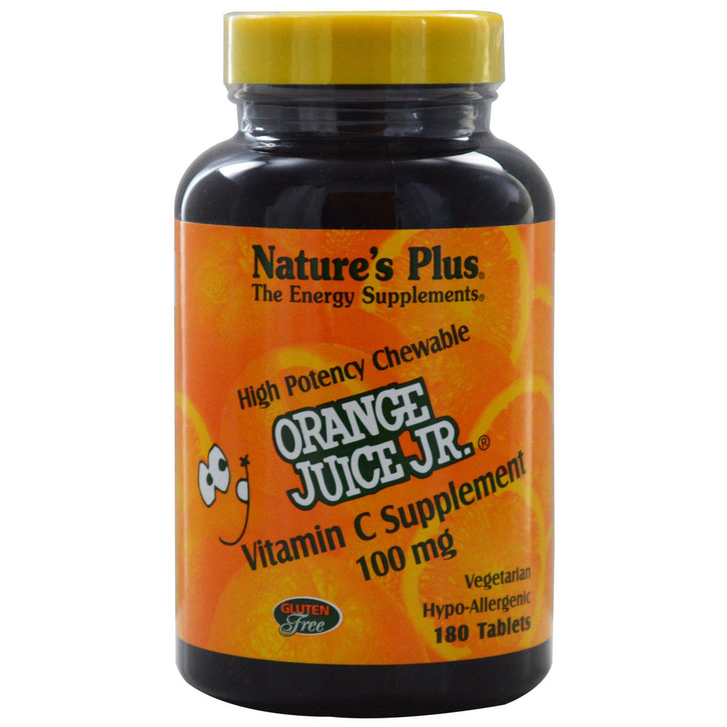 Nature's Plus, Sok pomarańczowy Jr., Suplement witaminy C, 100 mg, 180 tabletek