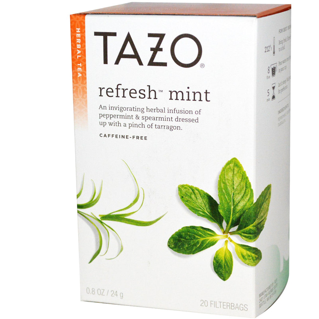 Tazo Teas, ชาสมุนไพร, รีเฟรชมินต์, ปราศจากคาเฟอีน, ถุงกรอง 20 ใบ, 0.8 ออนซ์ (24 กรัม)