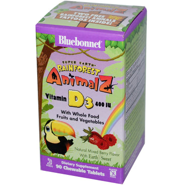 Bluebonnet Nutrition, Super Earth, Rainforest Animalz, vitamina D3, bayas mixtas, 400 UI, 90 tabletas masticables