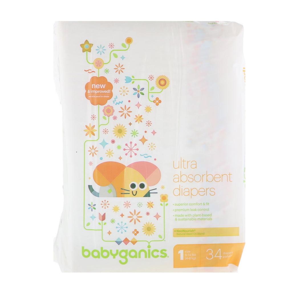 BabyGanics, Ultra Absorbent Diapers, Size 1, 8-14 lbs (4-6 kg), 34 Diapers
