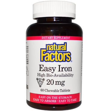 Natural Factors, Ferro Fácil, 20 mg, 60 Comprimidos Mastigáveis