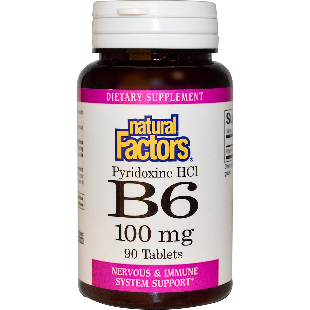 Naturlige faktorer, B6, Pyridoksin HCl, 100 mg, 90 tabletter