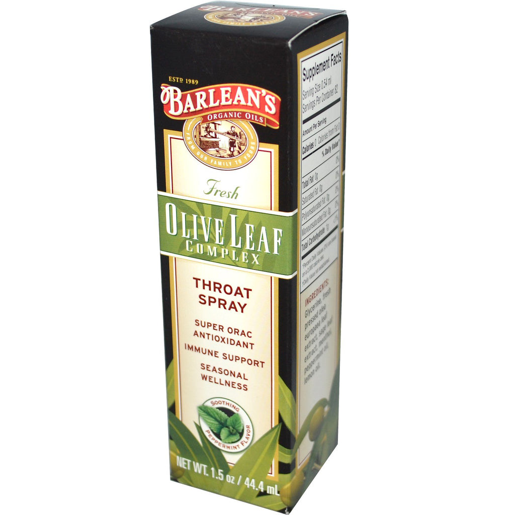 Barlean's, Complexe de feuilles d'olivier fraîches, Spray pour la gorge, Saveur apaisante de menthe poivrée, 1,5 oz (44,4 ml)
