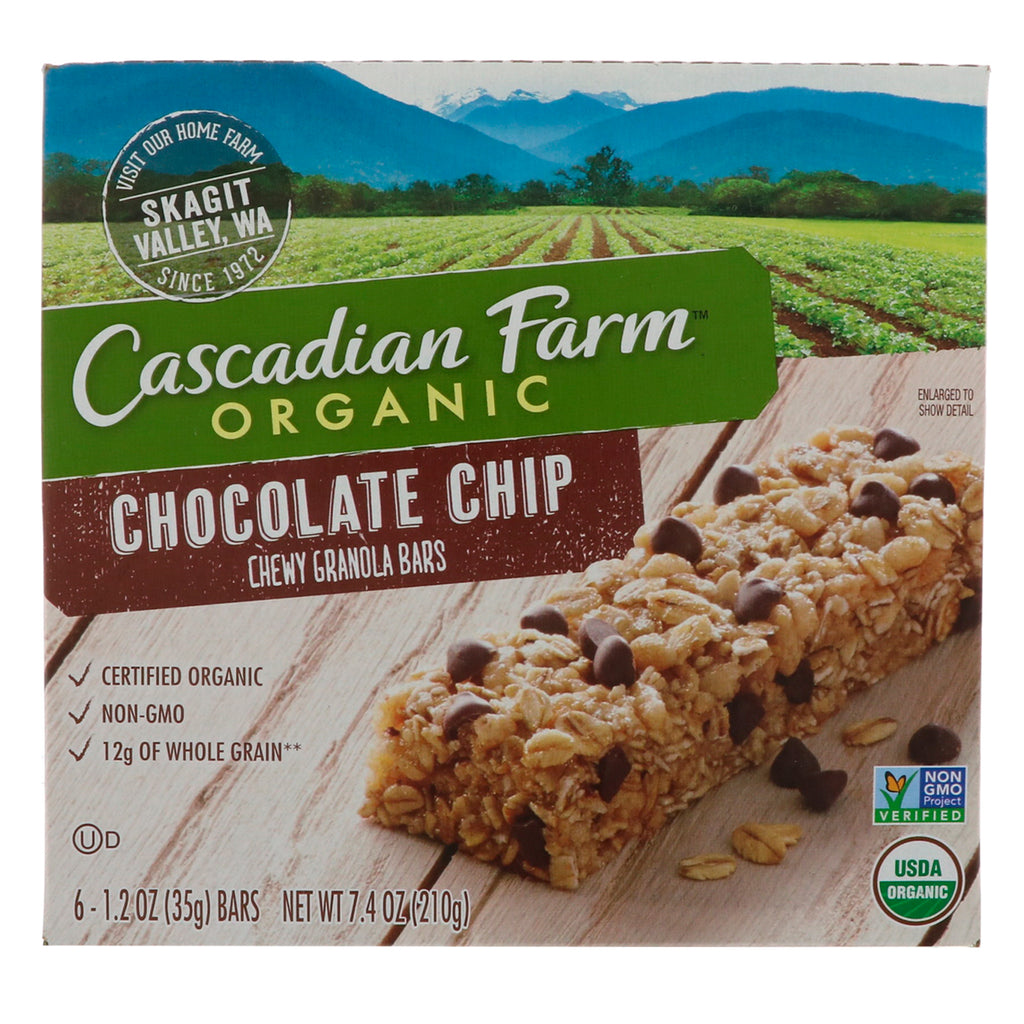 Cascadian Farm, sega granolastänger, chokladbitar, 6 barer, 35 g vardera