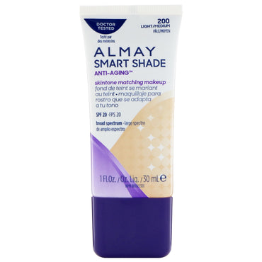 Almay, Smart Shade, Maquillaje antienvejecimiento que combina con el tono de la piel, SPF 20, 200 claro/medio, 30 ml (1 oz. líq.)