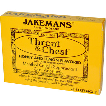 Jakemans, Throat & Chest, mit Honig- und Zitronengeschmack, 24 Lutschtabletten