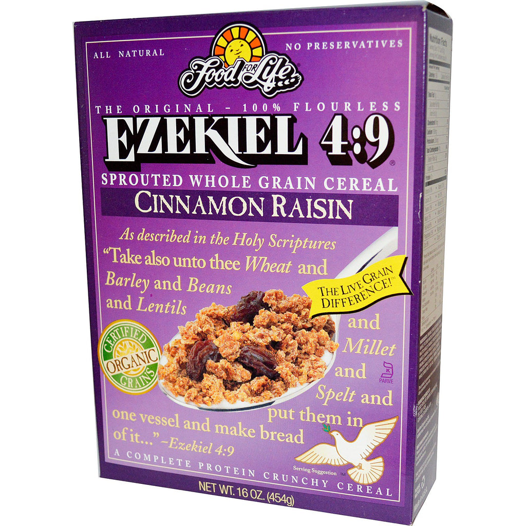 Food For Life, Ezekiel 4:9, spiret fuldkornskorn, kanelrosin, 16 oz (454 g)
