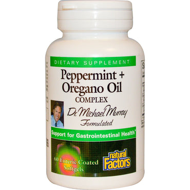 Naturlige faktorer, pebermynte + oregano olie kompleks, 60 enterisk coatede softgels