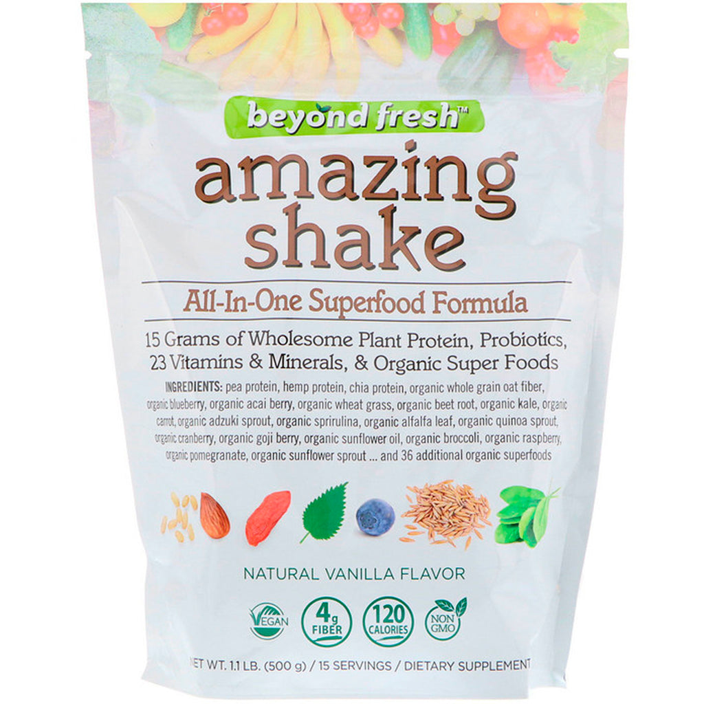 Beyond Fresh, Amazing Shake، تركيبة الأطعمة الفائقة الكل في واحد، نكهة الفانيليا الطبيعية، 1.1 رطل (500 جم)